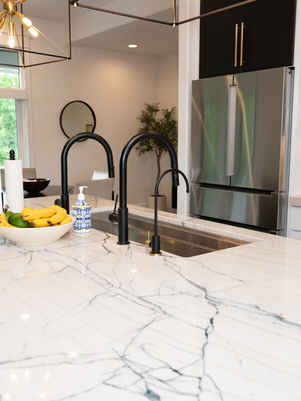 Refinished modern luxury kitchen countertop with custom marble