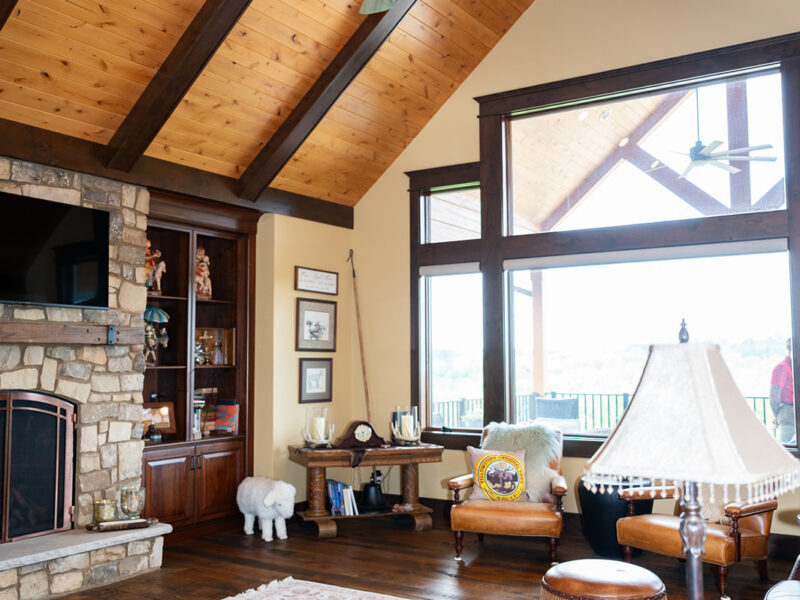 Interior, Ceiling, Beams, Fireplace, Living Room, Windows